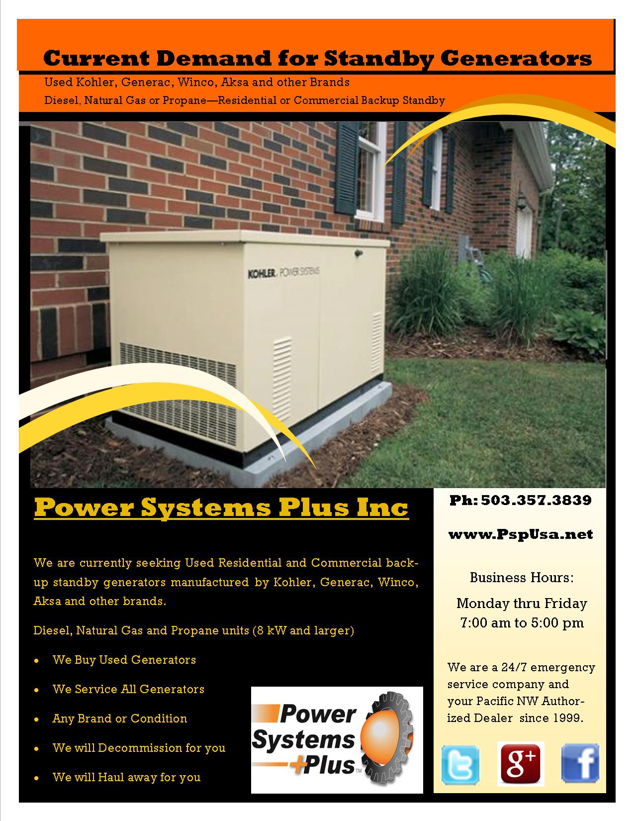 We Have Demand For Used Standby Generators - Power Systems Plus, Inc.