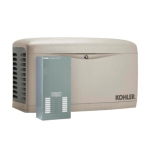 A tan Kohler generator with an automatic transfer switch.