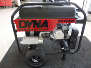 A red Winco DP7500 DYNA Professional Series Portable Generator on display