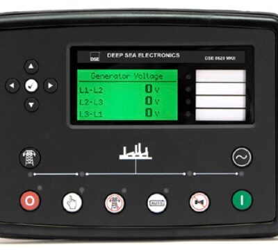 A black DSE8620 MKII control module with a green screen