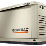 A tan standby generac generator on display