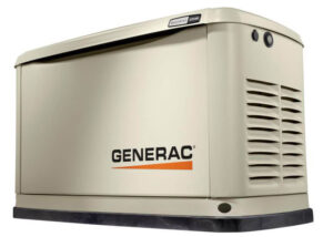 A tan standby generac generator on display