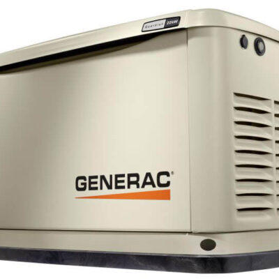 A tan standby generac generator on display