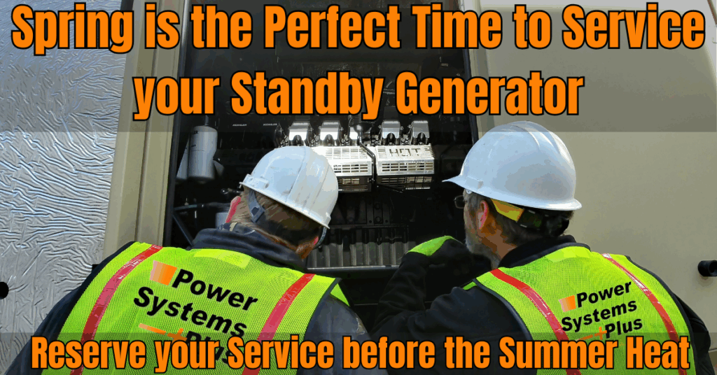 Two generator technicians looking inside an industrial standby generator