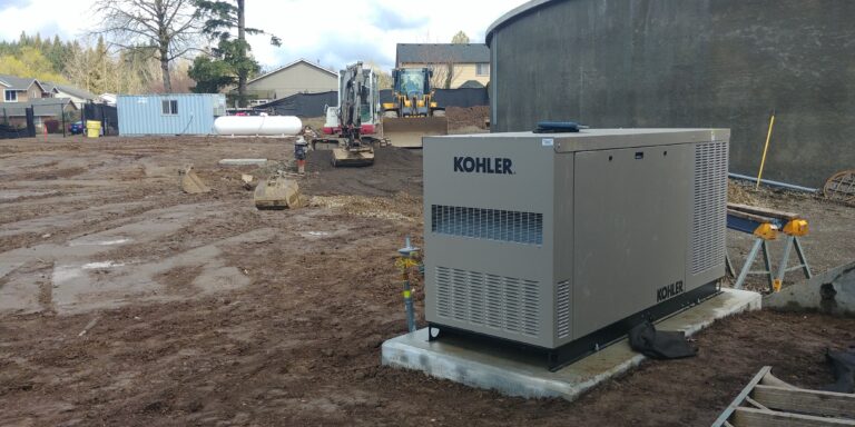 A Kohler standby generator being installed by a water treatment plan in a neighborhood