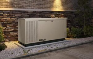 A commercial generator on the side of a building for backup power