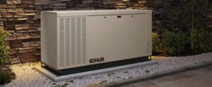 A commercial generator on the side of a building for backup power