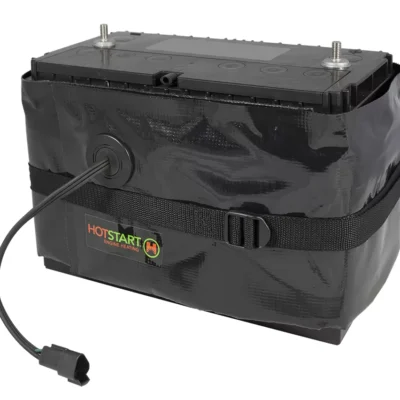 A black Hotstart battery thermal wrap for prolonged battery life and improved cranking power in cold weather.